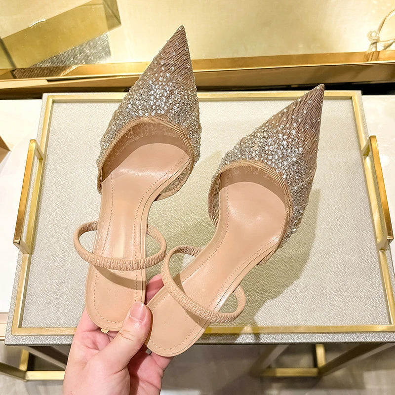 Glitter Rhinestone Pointed Slippers Women High Heel.