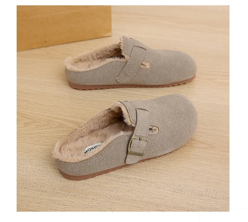 2025 New Suede Leather Slippers Women Plush Outdoor. - Gym&Gadgets