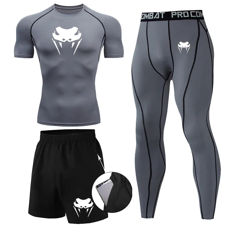 Men Compression Set MMA Long or Short Sleeve T-shirt Men's Tight Pants Fitness.