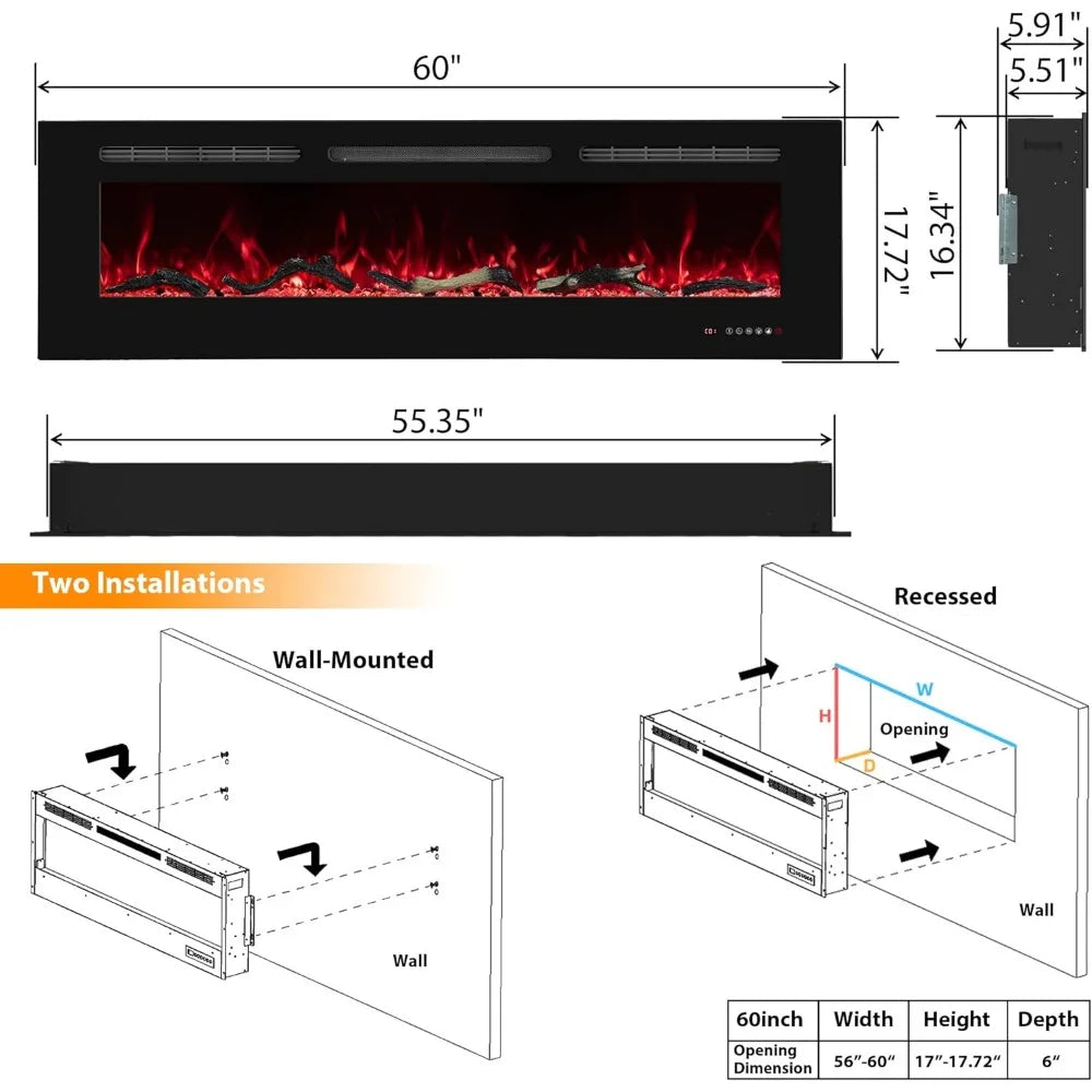 Electric Fireplace 60 Inch , Wall Mounted Fireplace Inserts Electric Heater.