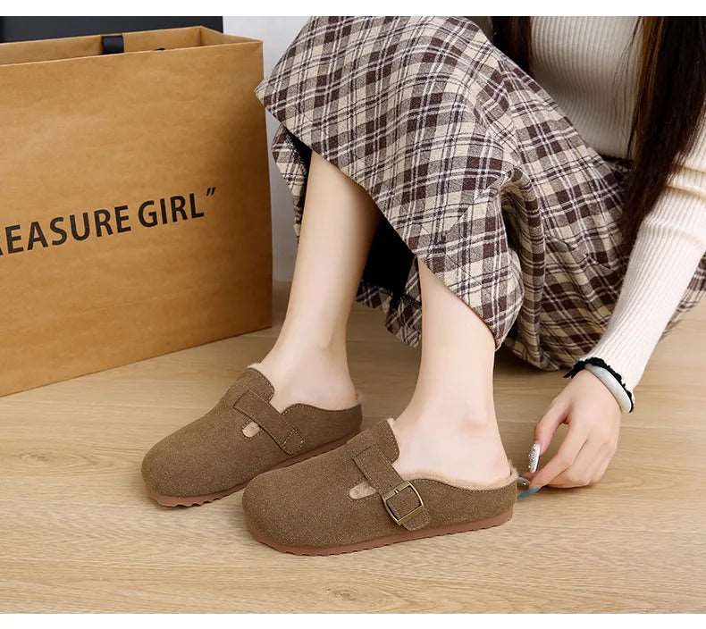 2025 New Suede Leather Slippers Women Plush Outdoor. - Gym&Gadgets