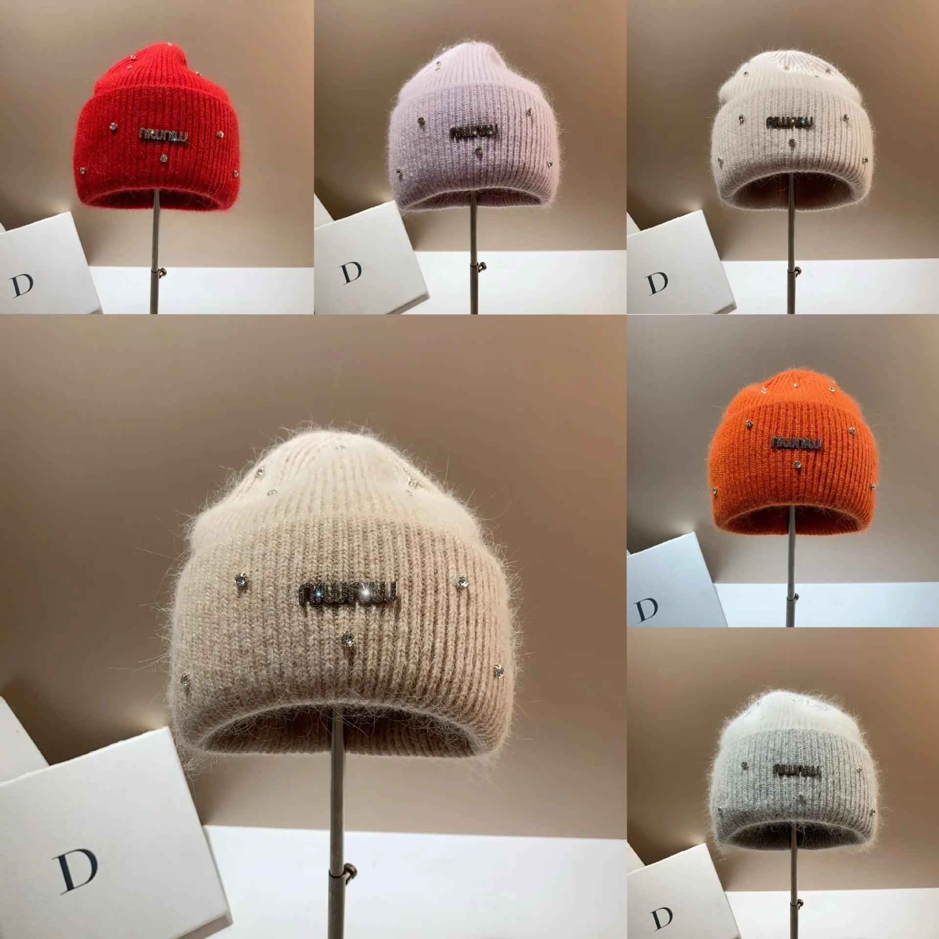 Rhinestone Luxury Beanies Warm Soft Angora Rabbit Knit Hat  Fur Winter Hat for Women. - Gym&Gadgets