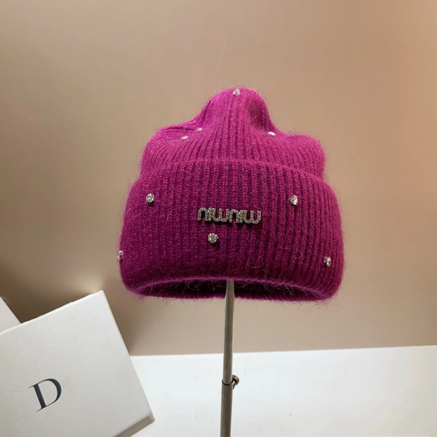 Rhinestone Luxury Beanies Warm Soft Angora Rabbit Knit Hat  Fur Winter Hat for Women. - Gym&Gadgets