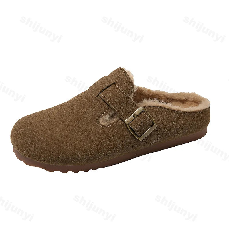 2025 New Suede Leather Slippers Women Plush Outdoor. - Gym&Gadgets