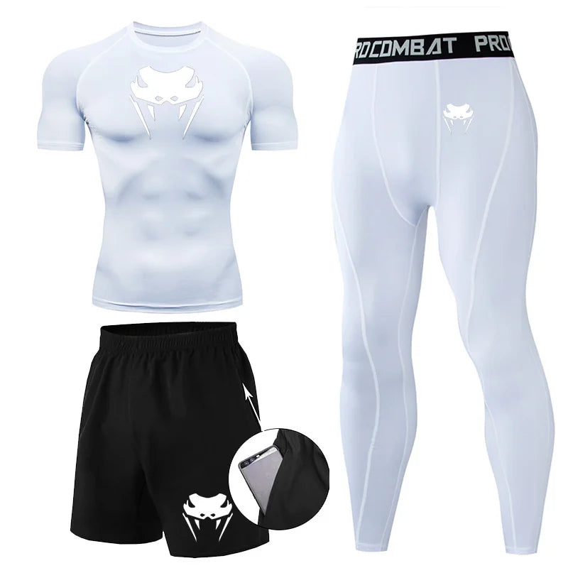 Men Compression Set MMA Long or Short Sleeve T-shirt Men's Tight Pants Fitness.