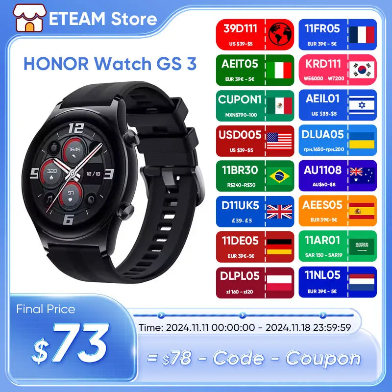 NEW HONOR Watch GS 3 Smart Watch 8 channel GPS Accurate Heart Rate Blood Oxygen Monitor Engine All-weather AMOLED Screen GS3 - Gym&Gadgets