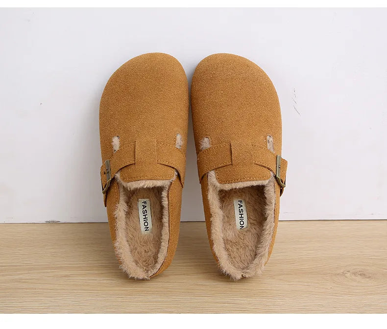 2025 New Suede Leather Slippers Women Plush Outdoor. - Gym&Gadgets