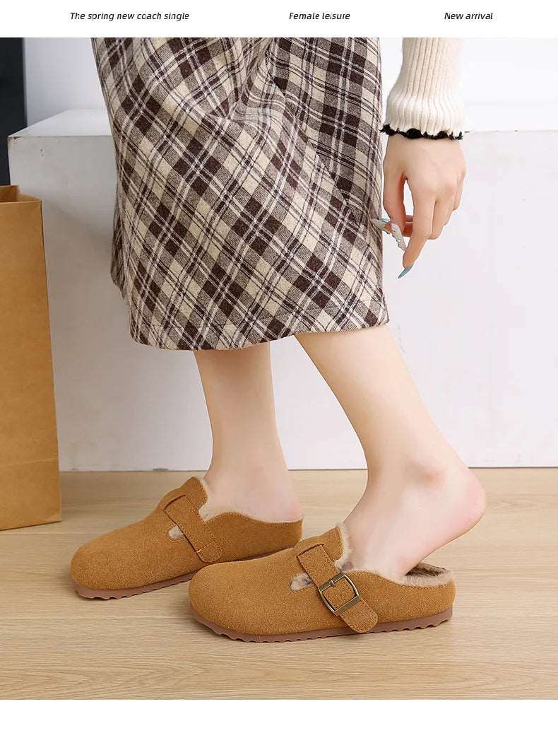 2025 New Suede Leather Slippers Women Plush Outdoor. - Gym&Gadgets