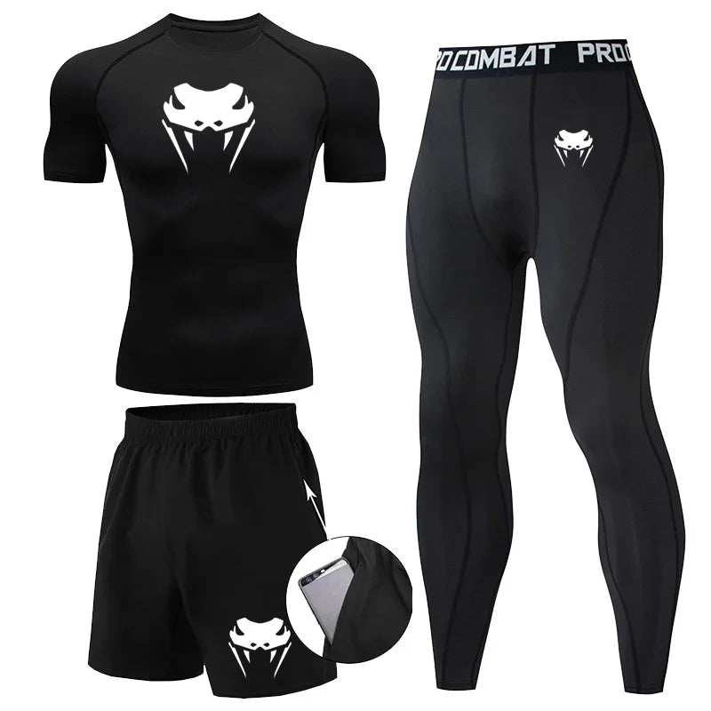 Men Compression Set MMA Long or Short Sleeve T-shirt Men's Tight Pants Fitness.