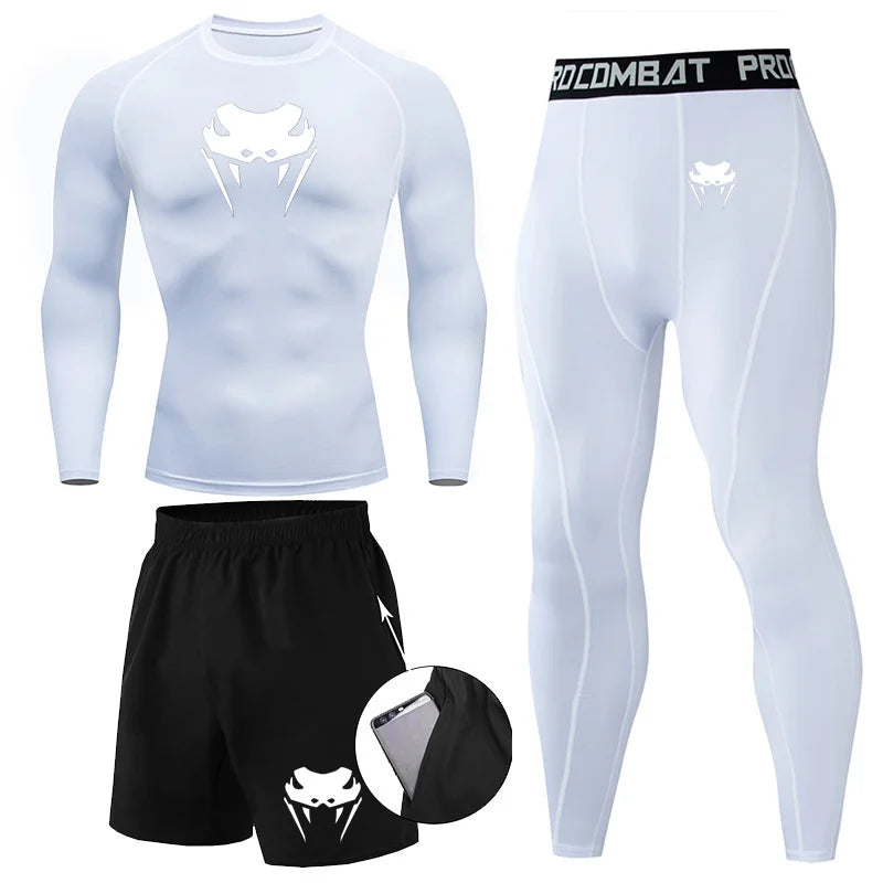 Men Compression Set MMA Long or Short Sleeve T-shirt Men's Tight Pants Fitness.