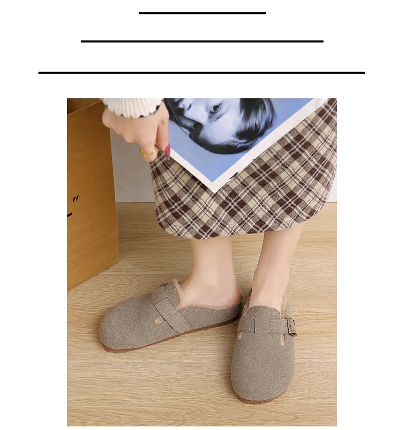 2025 New Suede Leather Slippers Women Plush Outdoor. - Gym&Gadgets