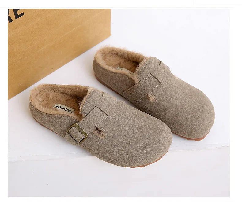 2025 New Suede Leather Slippers Women Plush Outdoor. - Gym&Gadgets