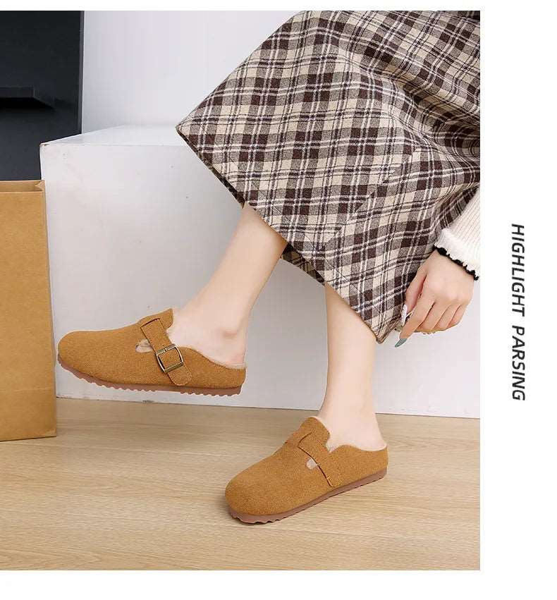 2025 New Suede Leather Slippers Women Plush Outdoor. - Gym&Gadgets