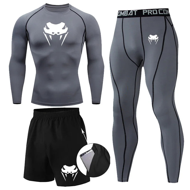 Men Compression Set MMA Long or Short Sleeve T-shirt Men's Tight Pants Fitness.