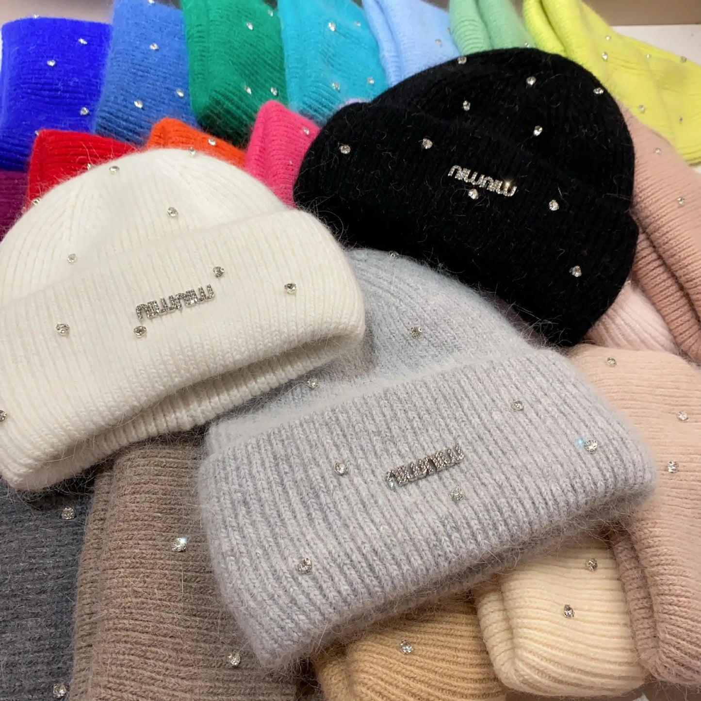 Rhinestone Luxury Beanies Warm Soft Angora Rabbit Knit Hat  Fur Winter Hat for Women. - Gym&Gadgets