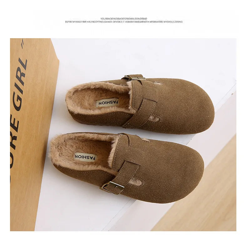 2025 New Suede Leather Slippers Women Plush Outdoor. - Gym&Gadgets