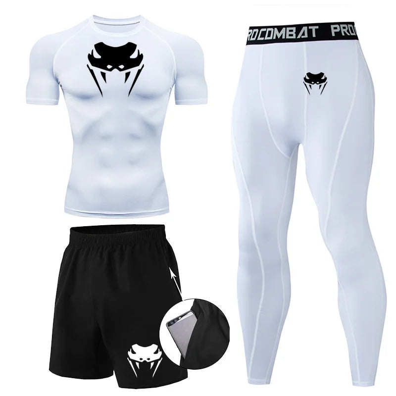 Men Compression Set MMA Long or Short Sleeve T-shirt Men's Tight Pants Fitness.