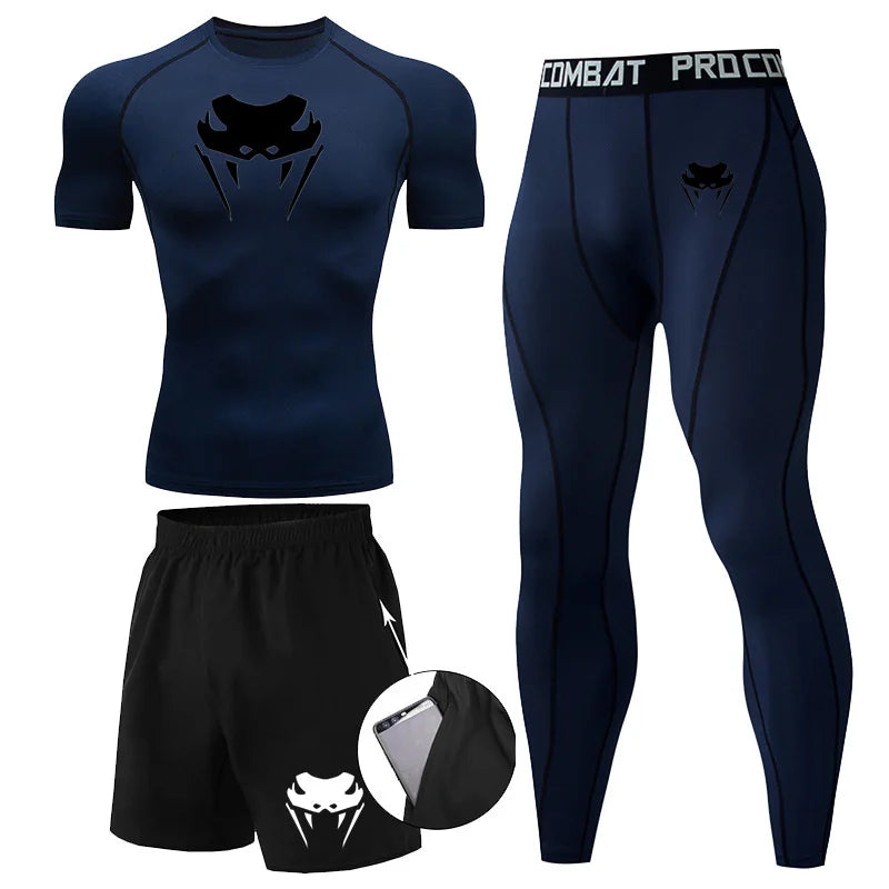 Men Compression Set MMA Long or Short Sleeve T-shirt Men's Tight Pants Fitness.