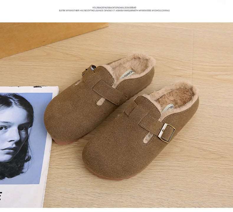 2025 New Suede Leather Slippers Women Plush Outdoor. - Gym&Gadgets