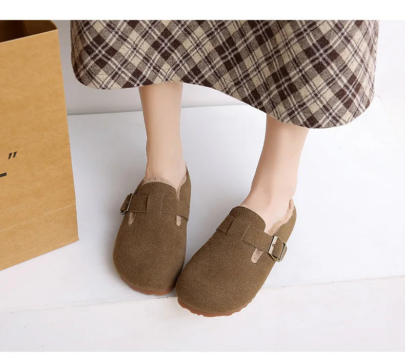 2025 New Suede Leather Slippers Women Plush Outdoor. - Gym&Gadgets