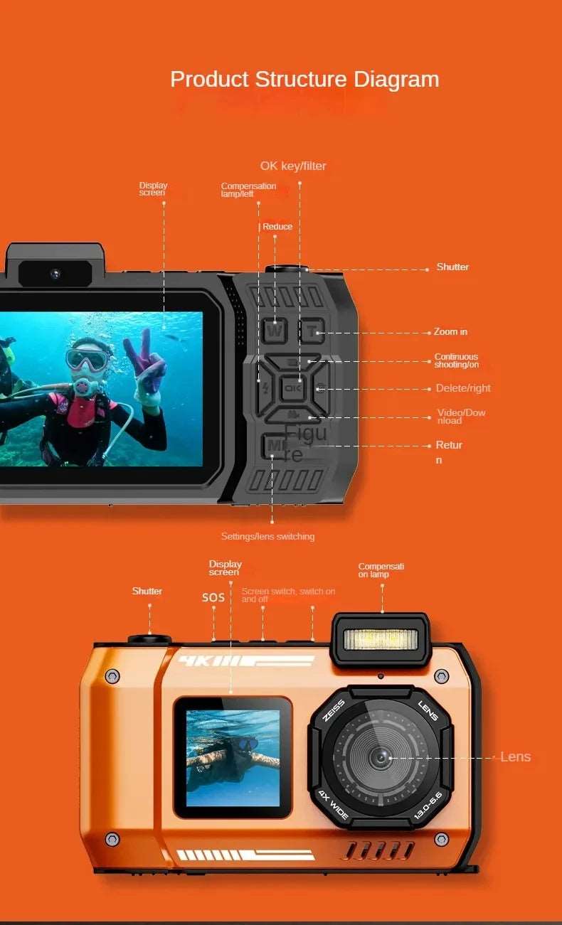 6500W high-definition pixels waterproof camera D50 Dual screen selfie Outdoor sports HD diving underwater 10 meters swimming - Gym&Gadgets