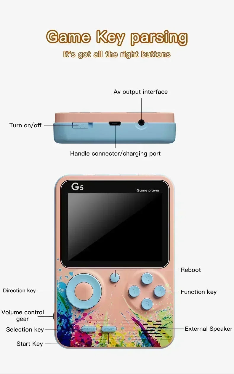 G5 Retro Handheld Game Console with 500 Classic Games 3.0Inch Screen Portable Gamepad Macaron Color 1020mAH Rechargeable Battery - Gym&Gadgets