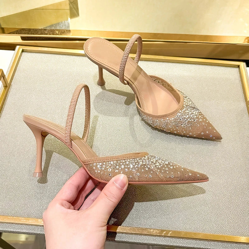 Glitter Rhinestone Pointed Slippers Women High Heel.