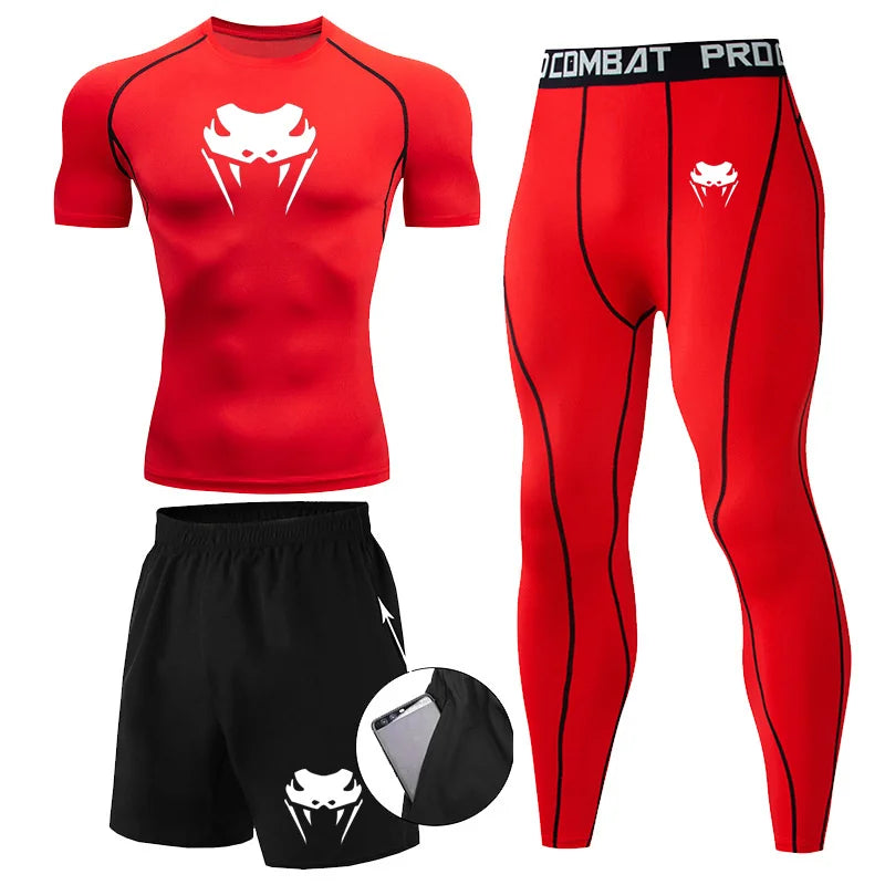 Men Compression Set MMA Long or Short Sleeve T-shirt Men's Tight Pants Fitness.