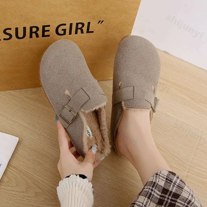 2025 New Suede Leather Slippers Women Plush Outdoor. - Gym&Gadgets