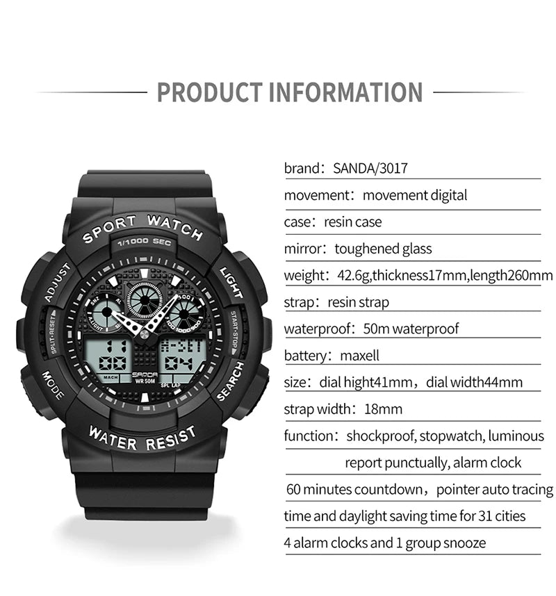 SANDA Multifunctional Sports Watch Waterproof Luminous Dual Movement Quartz Electronic Watch Fashion Couple Watch for Men Women - Gym&Gadgets