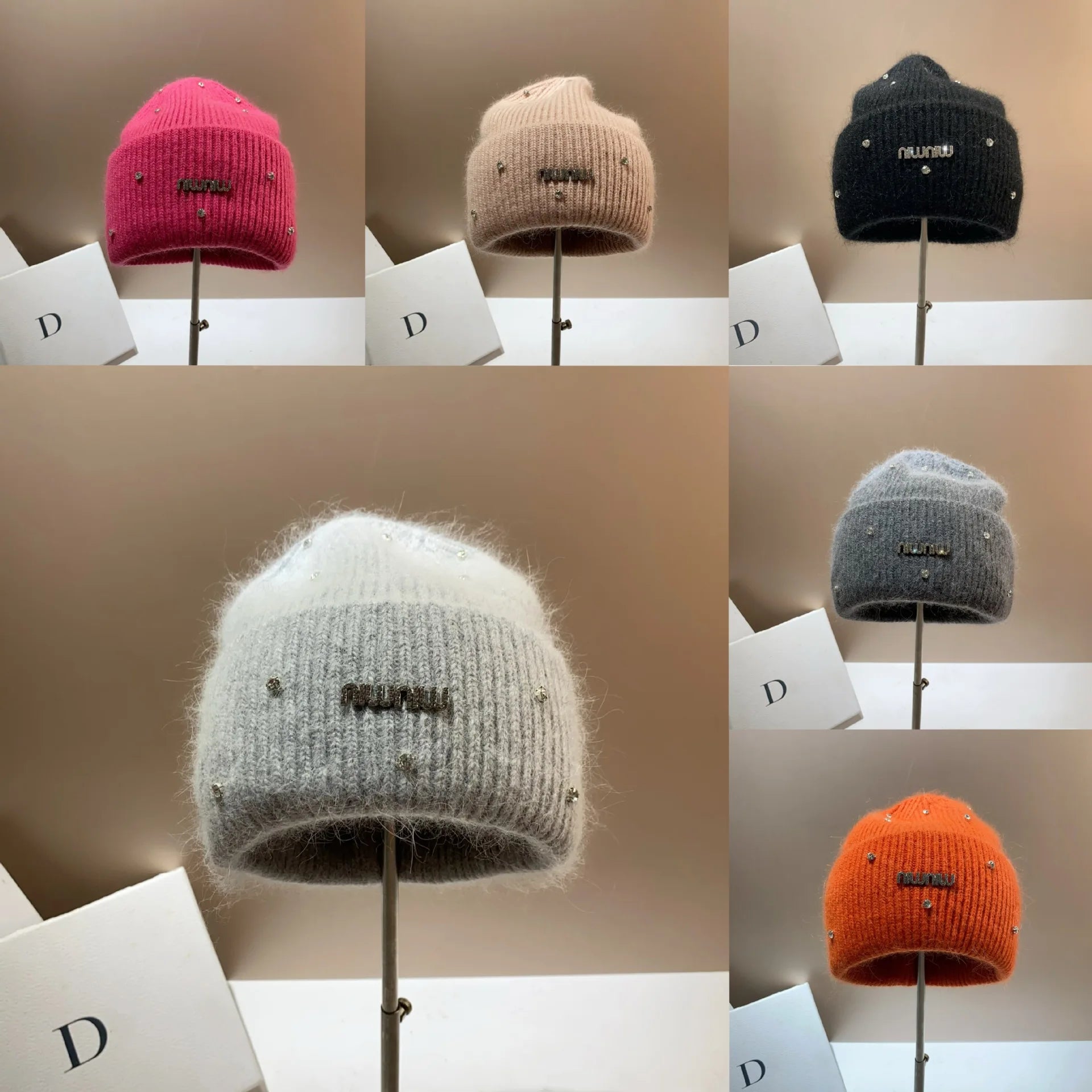 Rhinestone Luxury Beanies Warm Soft Angora Rabbit Knit Hat  Fur Winter Hat for Women. - Gym&Gadgets