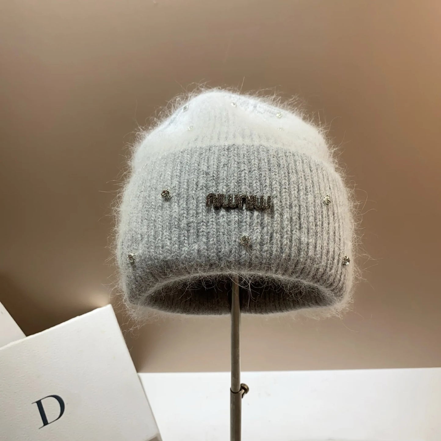 Rhinestone Luxury Beanies Warm Soft Angora Rabbit Knit Hat  Fur Winter Hat for Women. - Gym&Gadgets