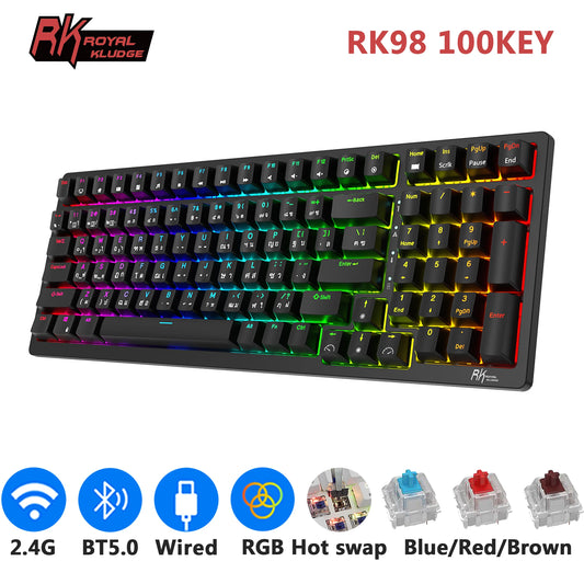 RK Royal Kludge RK98 2.4G Wireless Gaming Mechanical Keyboard 100 Keys RGB Backlight Hot-swappable Bluetooth Russian Keyboard - Gym&Gadgets