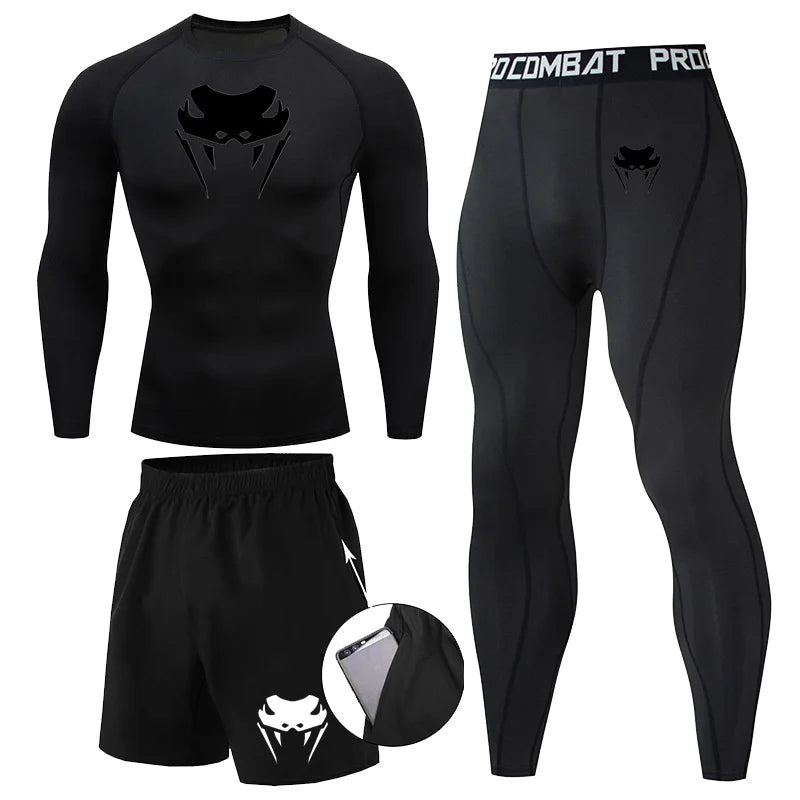 Men Compression Set MMA Long or Short Sleeve T-shirt Men's Tight Pants Fitness.