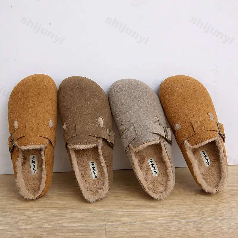 2025 New Suede Leather Slippers Women Plush Outdoor. - Gym&Gadgets