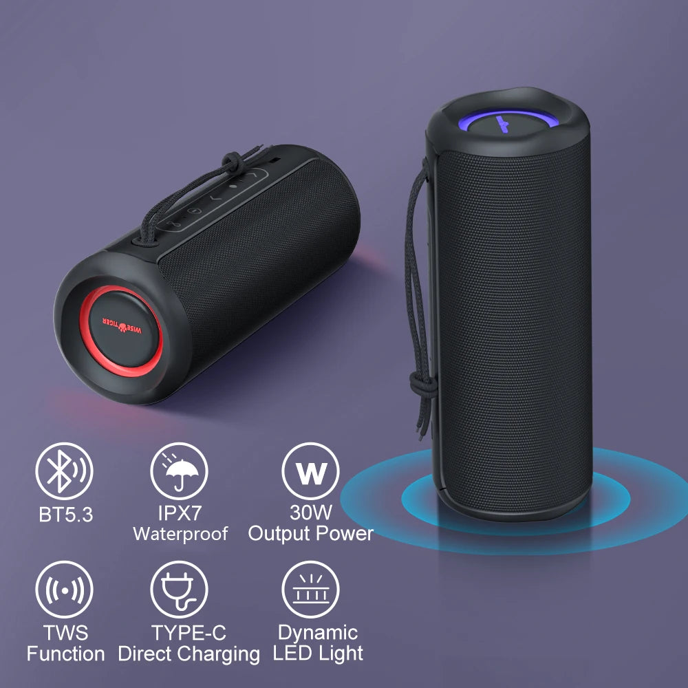 WISETIGER P3 30W Outdoor Portable Bluetooth Speaker IPX7 Waterproof Sports Sound Box Bass Boost BT5.3 RGB Light TWS Connectivity - Gym&Gadgets