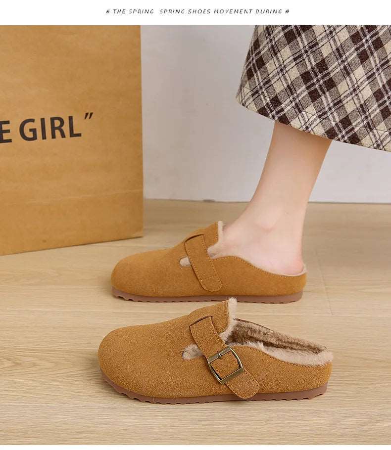 2025 New Suede Leather Slippers Women Plush Outdoor. - Gym&Gadgets