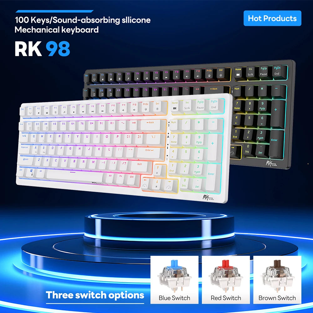 RK Royal Kludge RK98 2.4G Wireless Gaming Mechanical Keyboard 100 Keys RGB Backlight Hot-swappable Bluetooth Russian Keyboard - Gym&Gadgets