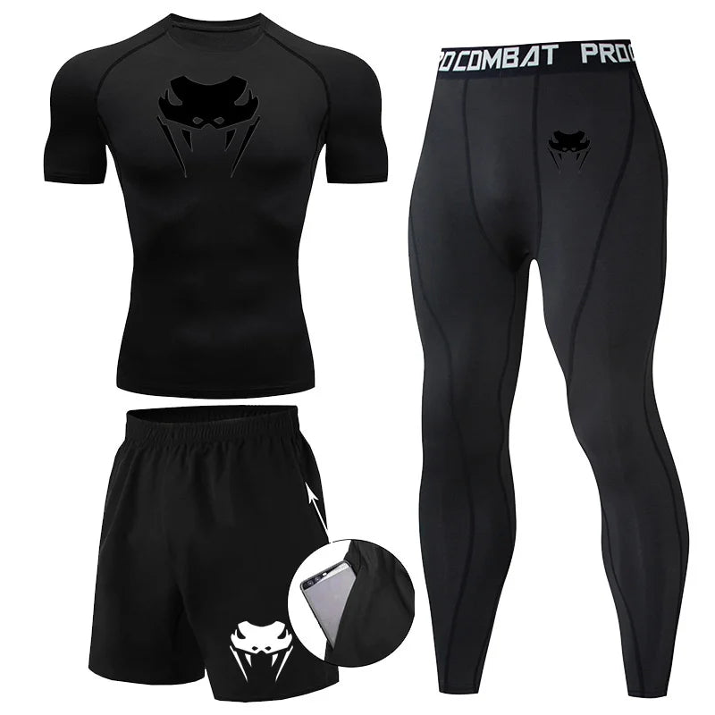 Men Compression Set MMA Long or Short Sleeve T-shirt Men's Tight Pants Fitness.