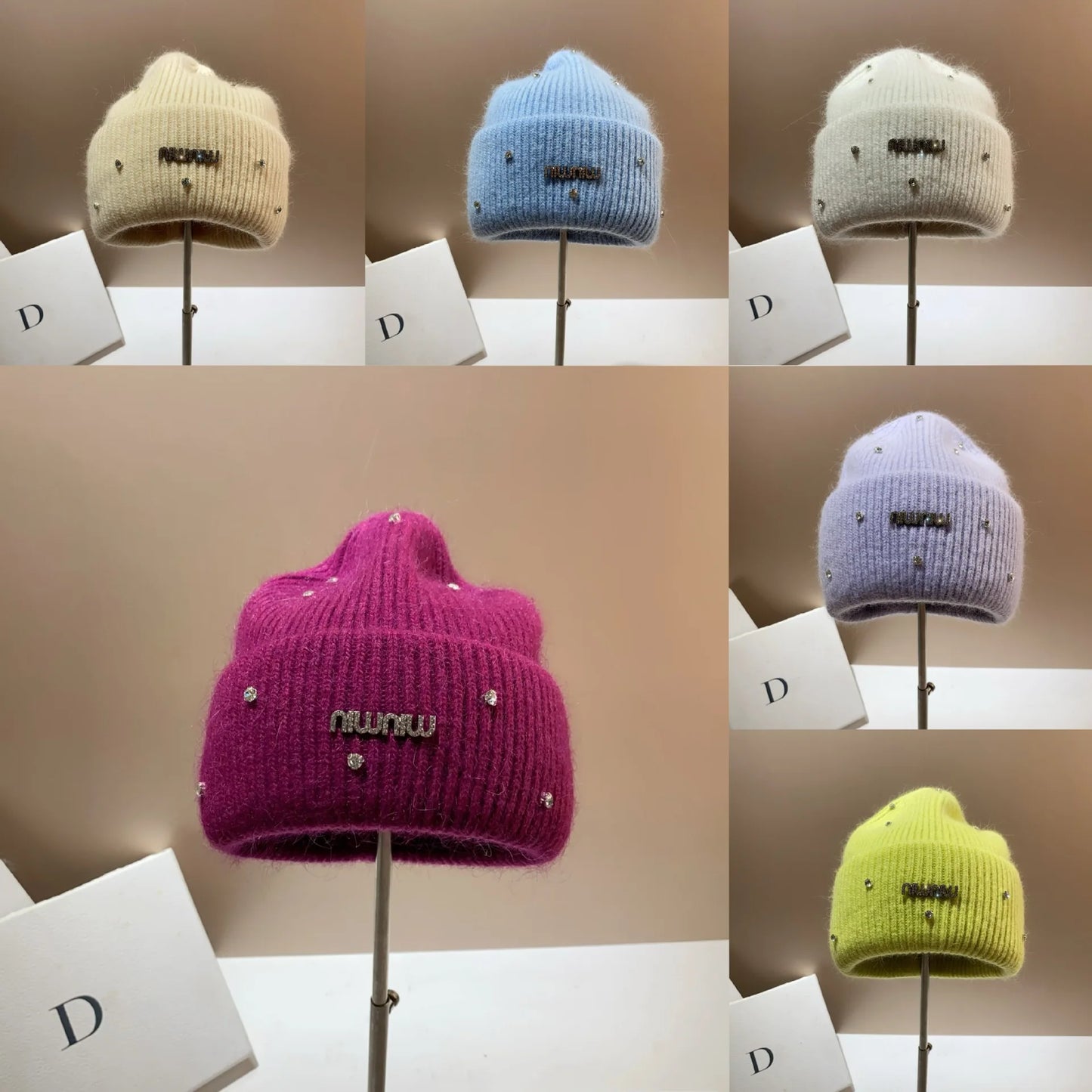 Rhinestone Luxury Beanies Warm Soft Angora Rabbit Knit Hat  Fur Winter Hat for Women. - Gym&Gadgets