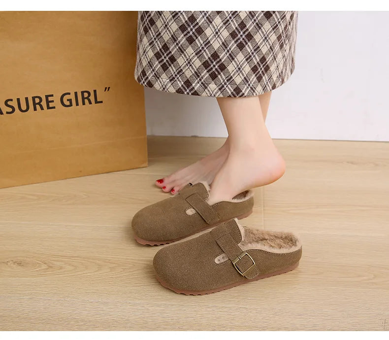 2025 New Suede Leather Slippers Women Plush Outdoor. - Gym&Gadgets