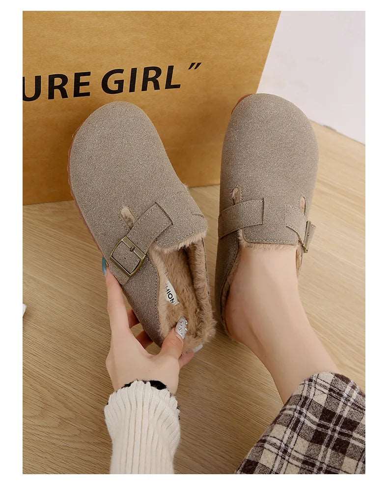 2025 New Suede Leather Slippers Women Plush Outdoor. - Gym&Gadgets