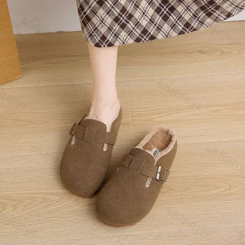 2025 New Suede Leather Slippers Women Plush Outdoor. - Gym&Gadgets