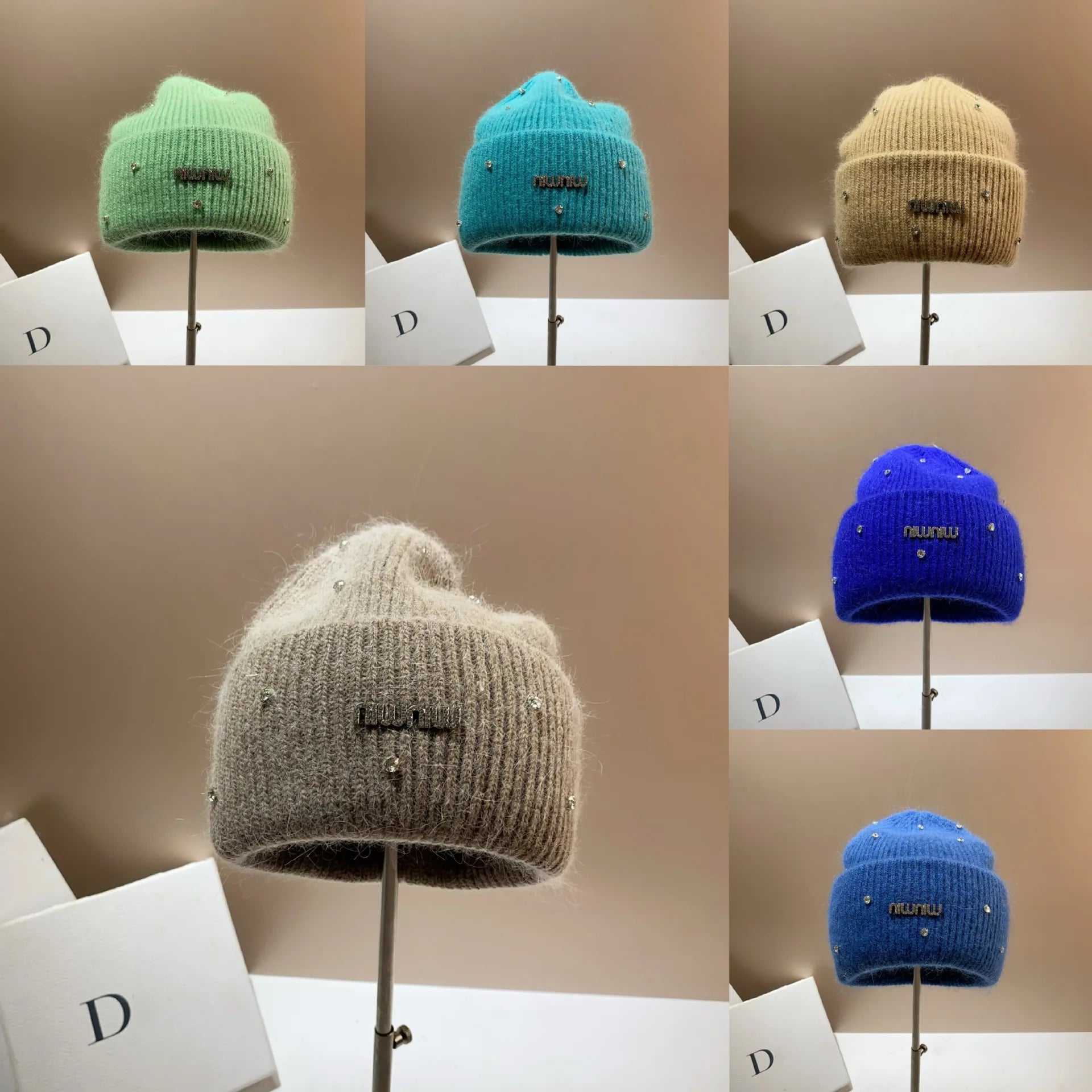 Rhinestone Luxury Beanies Warm Soft Angora Rabbit Knit Hat  Fur Winter Hat for Women. - Gym&Gadgets