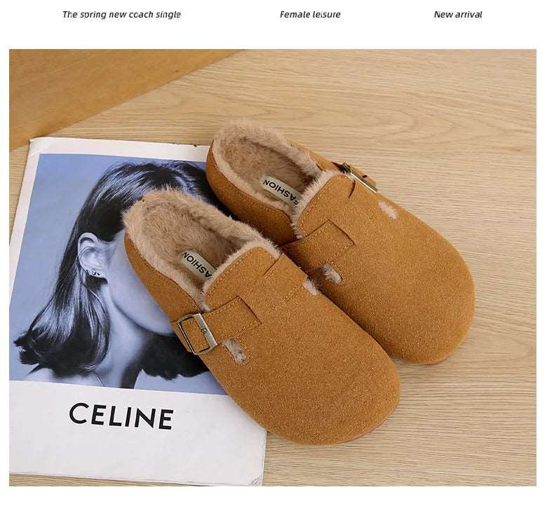 2025 New Suede Leather Slippers Women Plush Outdoor. - Gym&Gadgets