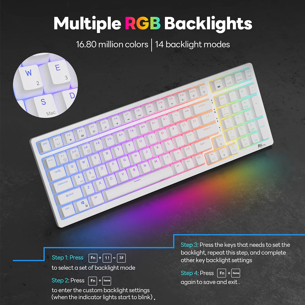 RK Royal Kludge RK98 2.4G Wireless Gaming Mechanical Keyboard 100 Keys RGB Backlight Hot-swappable Bluetooth Russian Keyboard - Gym&Gadgets