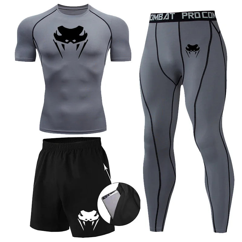 Men Compression Set MMA Long or Short Sleeve T-shirt Men's Tight Pants Fitness.