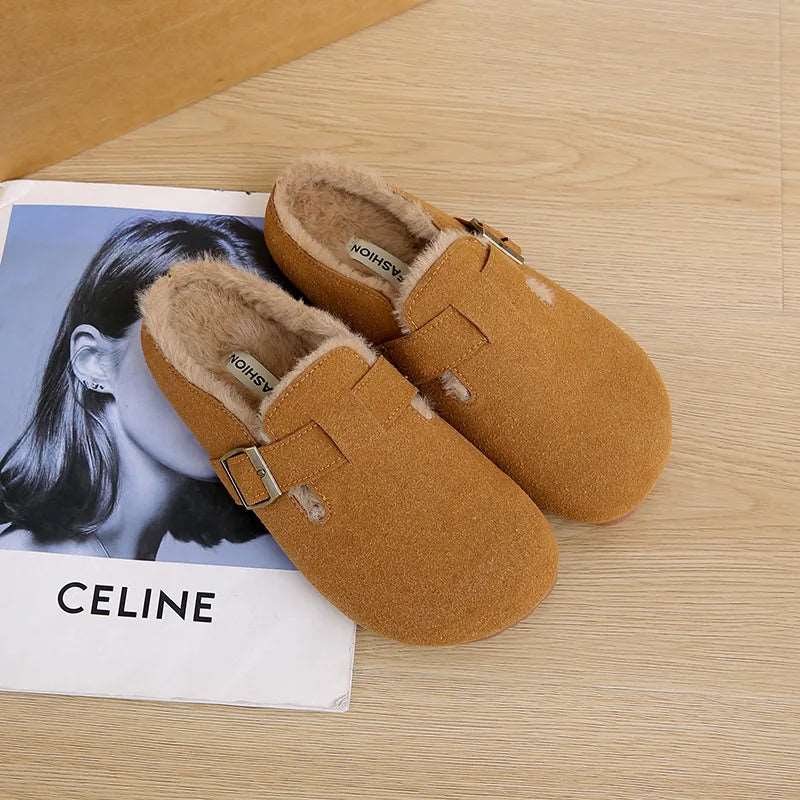 2025 New Suede Leather Slippers Women Plush Outdoor. - Gym&Gadgets